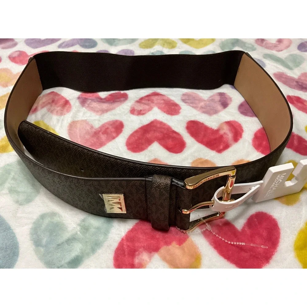 Michael Kors Brown Logo Belt Women's Gold Buckle Elastic Back Adjustable‎
